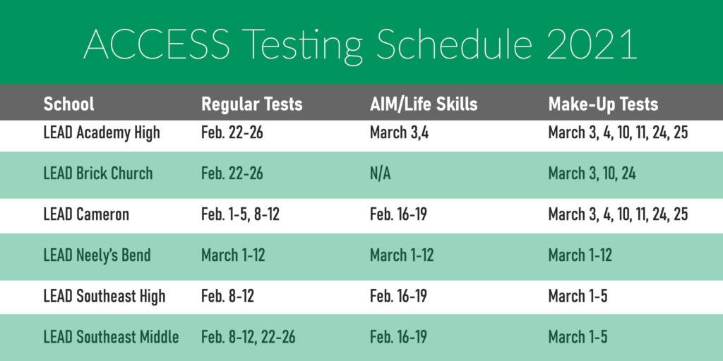 Schedule for ACCESS Testing at each LEAD School